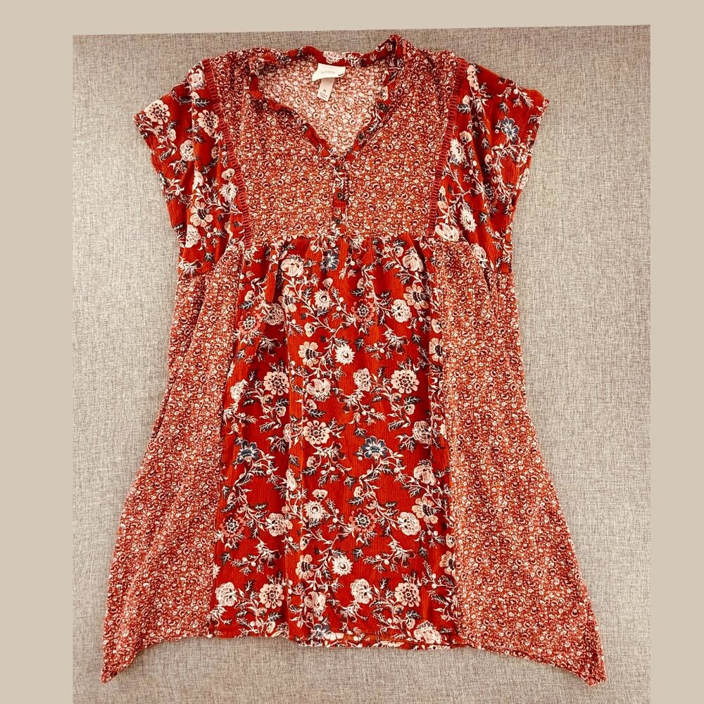 Knox Rose Dress‎ Burnt Orange Boho Relaxed Fit Medium Buttons Floral Rayon